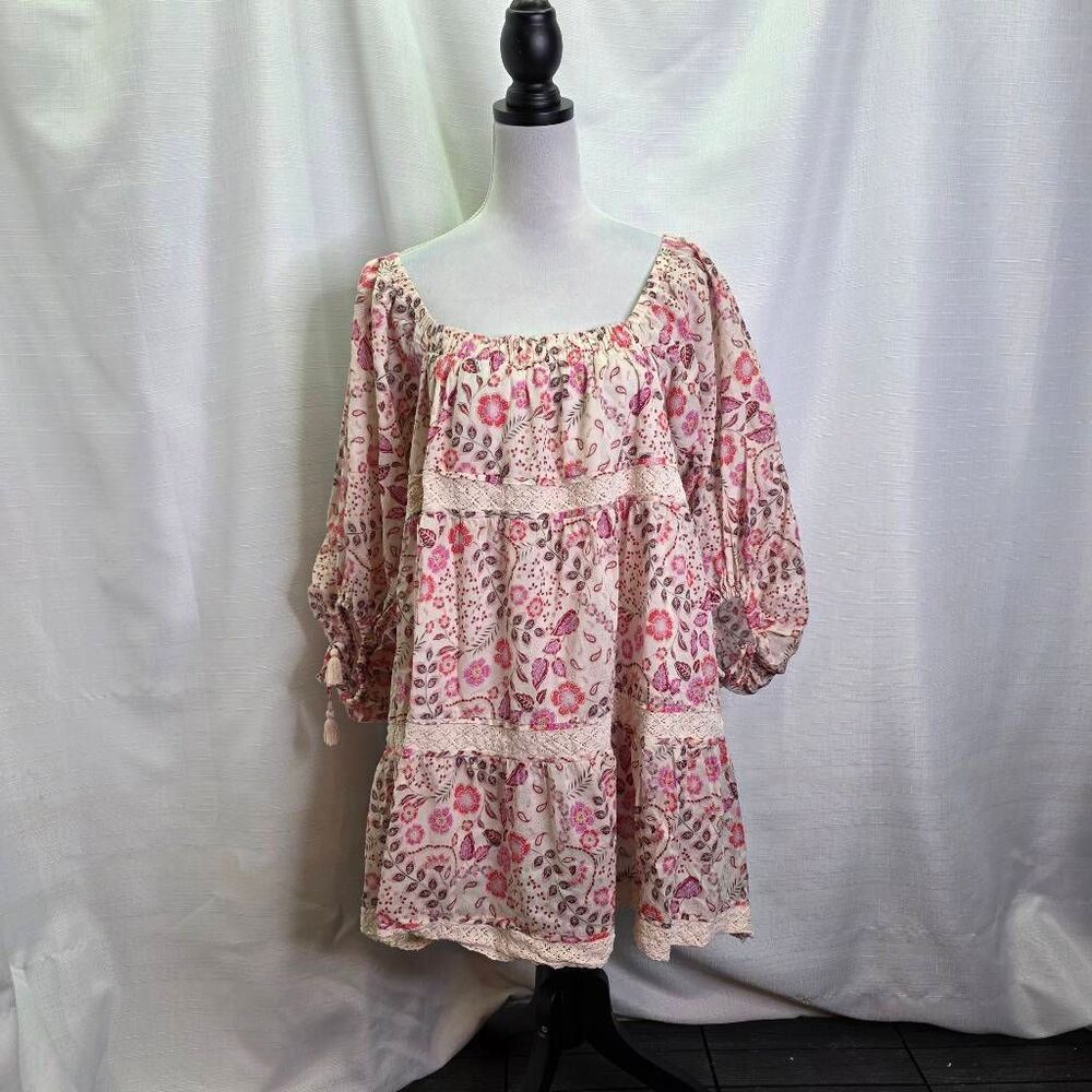 Olivaceous Cream and Pink Floral Paisley Puff Sleeve Boho Mini Dress Size Small